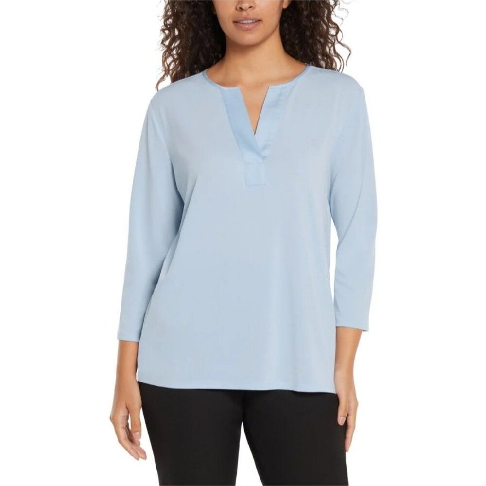 Banana Republic Woman S Blouse Satin V-Neck Top 3/4 Sleeve Shirt Pullover Blue